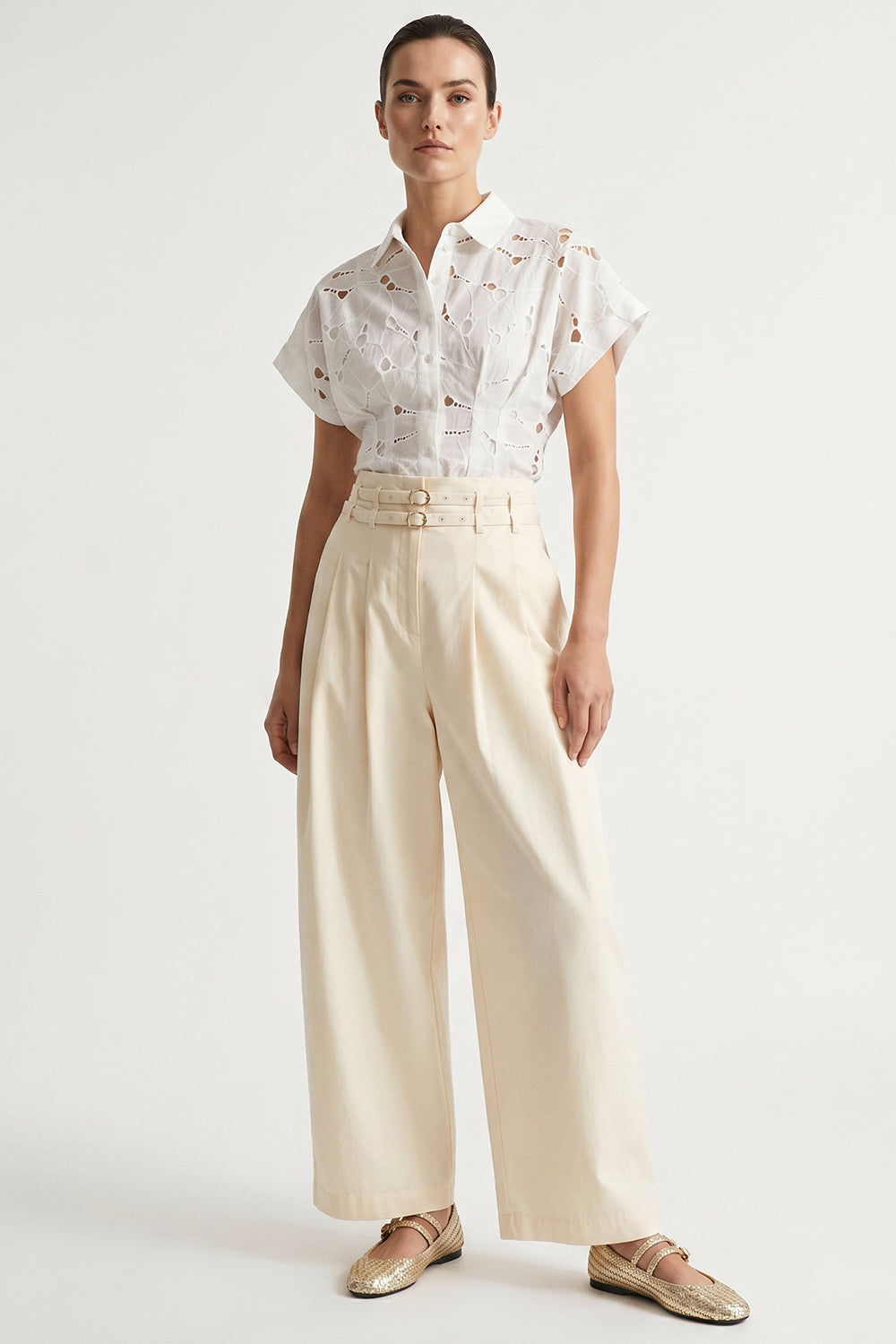 Mckenna Belted High Waisted Pleated Pants - Ecru