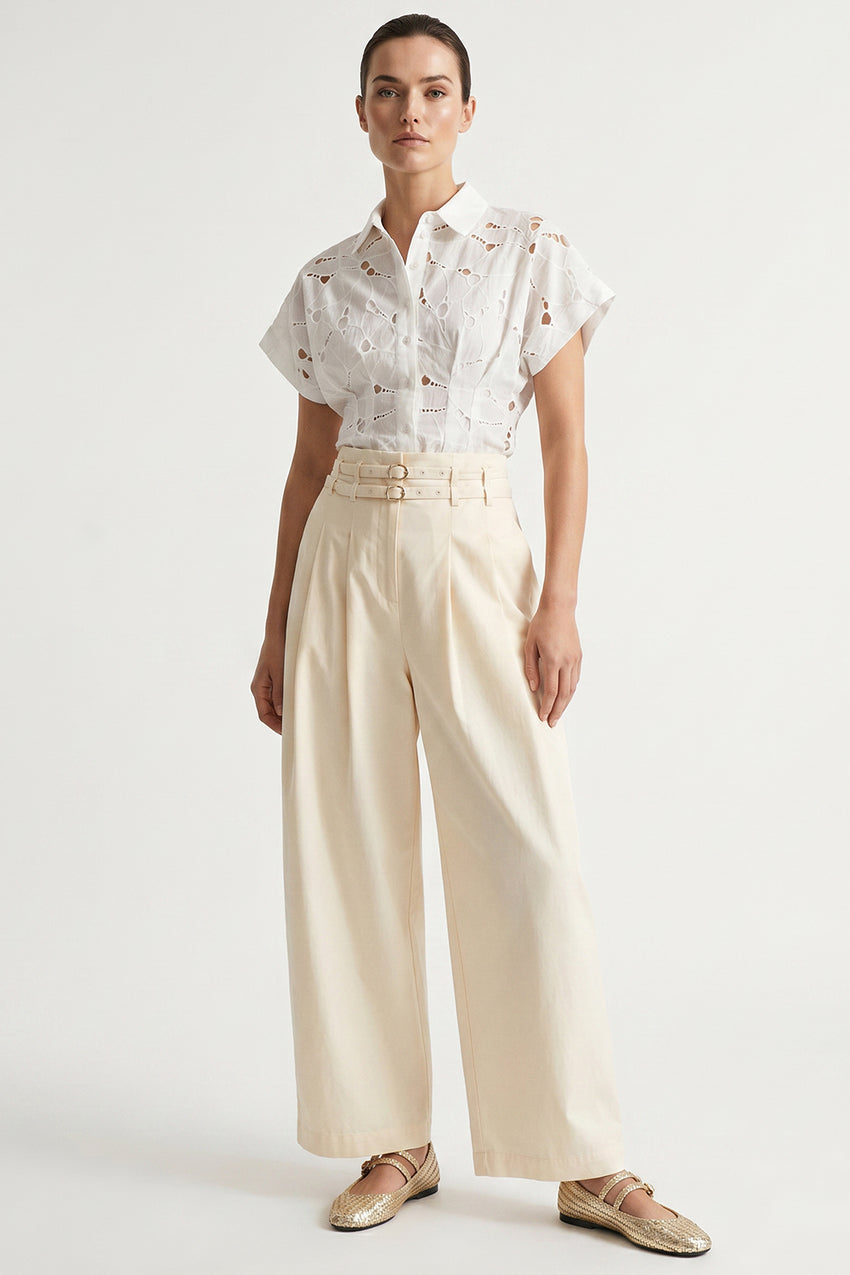 Belted High-Waisted Pleated Pocket Culotte Trousers - Ecru