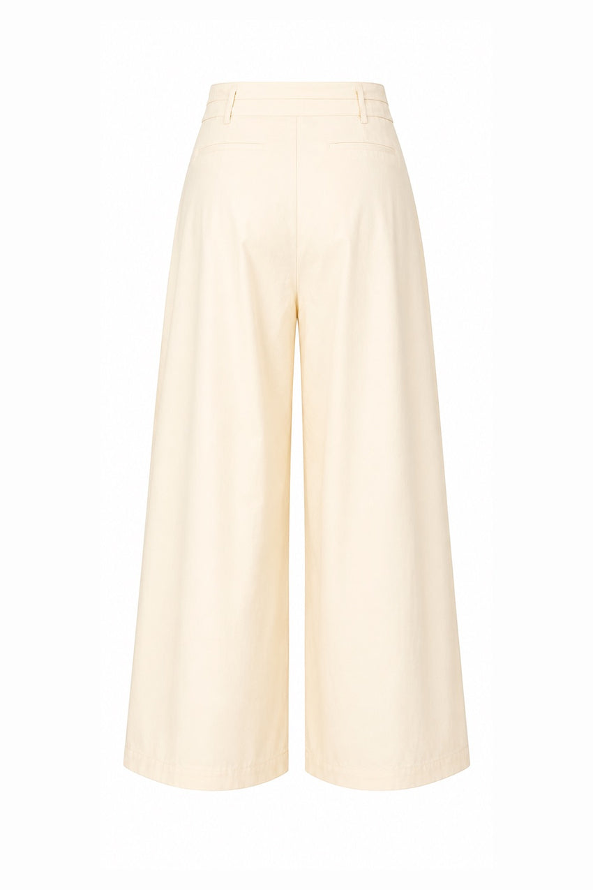 Belted High-Waisted Pleated Pocket Culotte Trousers - Ecru
