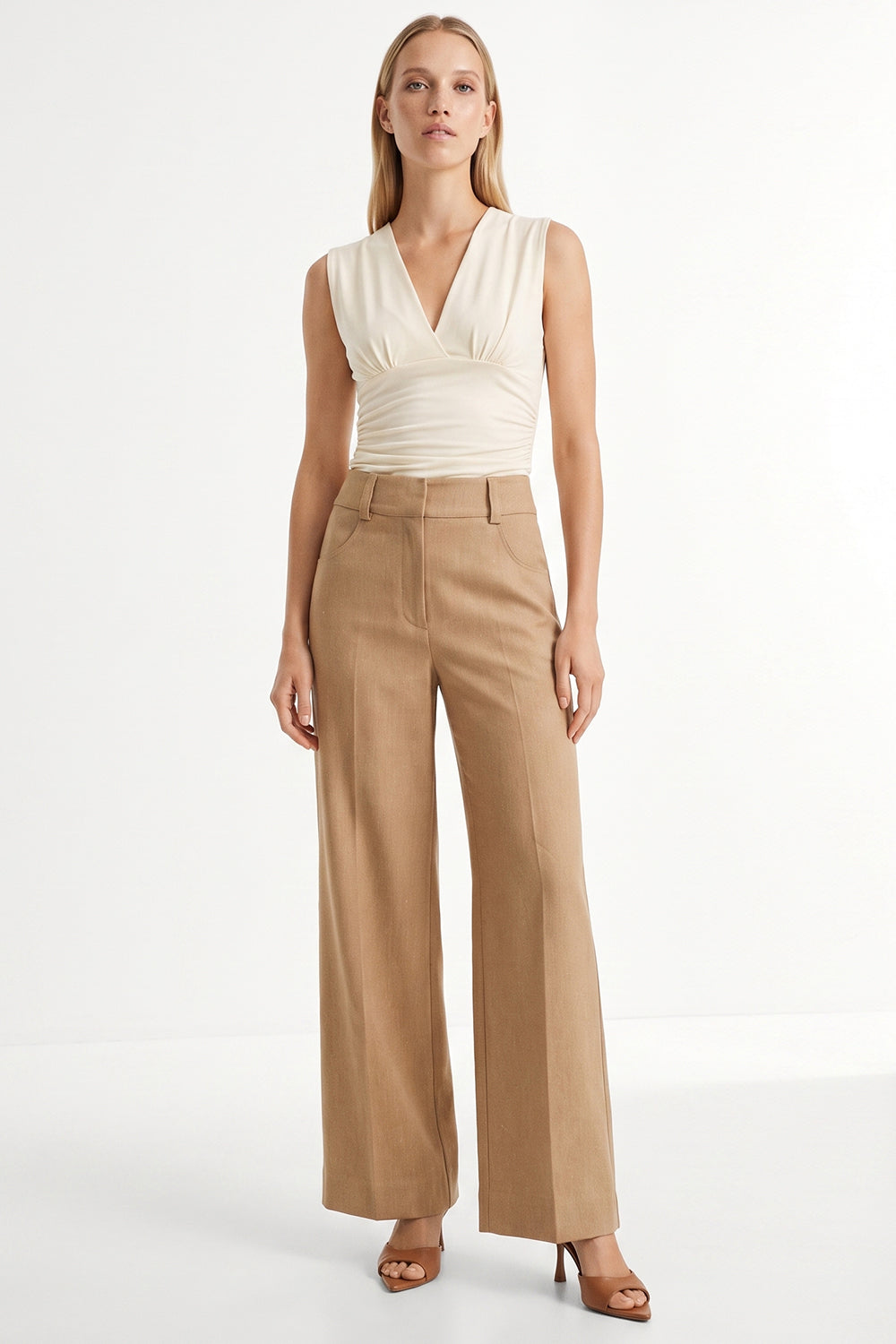 Rebecca High Rise Zippered Wide Leg Pants- Camel