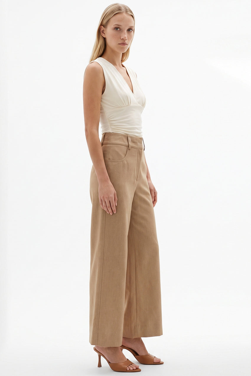 Rebecca High Rise Zippered Wide Leg Pants- Camel