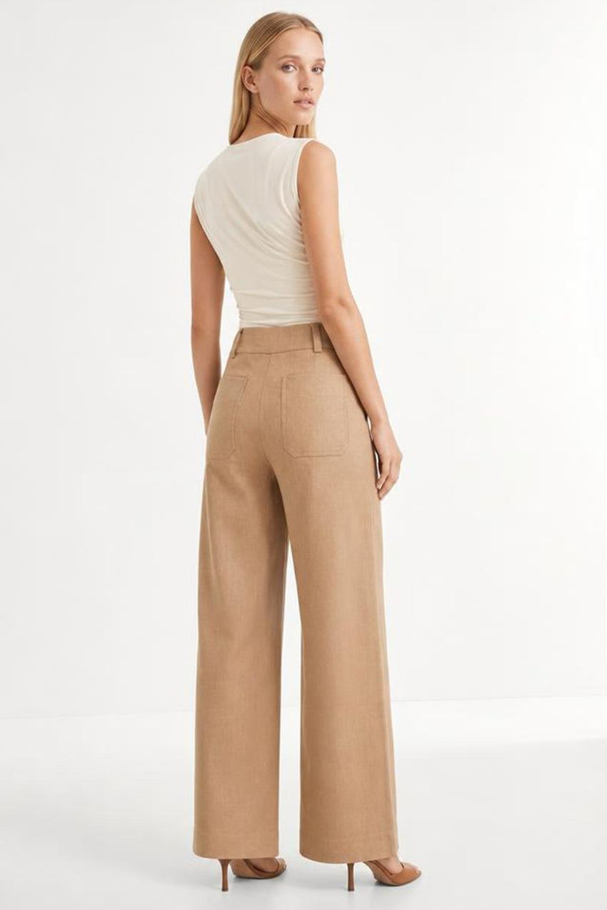 Rebecca High Rise Zippered Wide Leg Pants- Camel