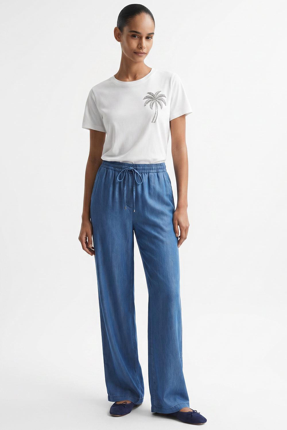 Straight Leg Lace up Waist Pocket Denim Pants - BLUE