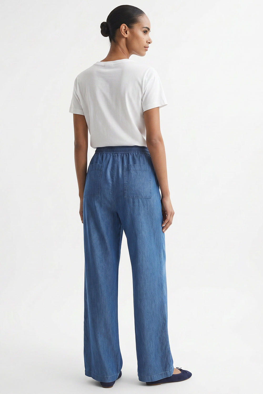 Straight Leg Lace up Waist Pocket Denim Pants - BLUE