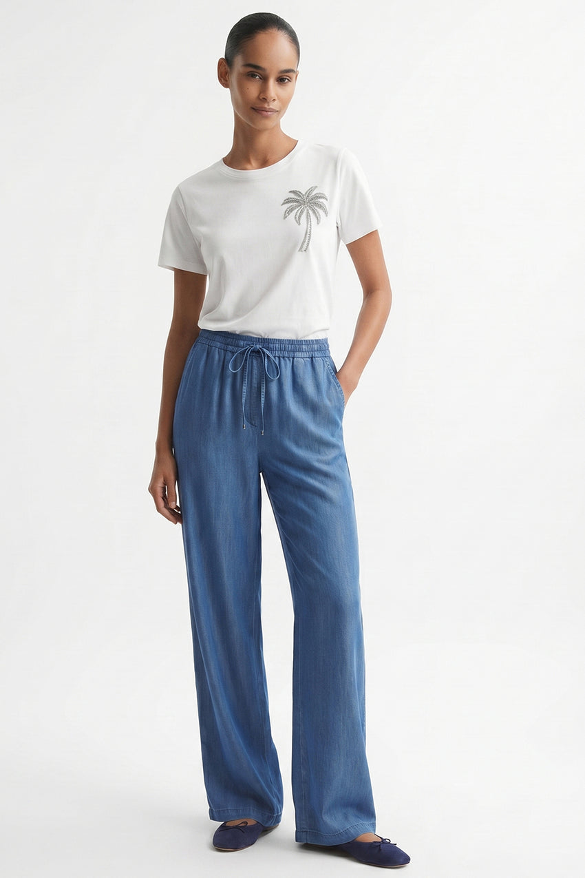 Straight Leg Lace-up Waist Pocket Denim Pants - BLUE