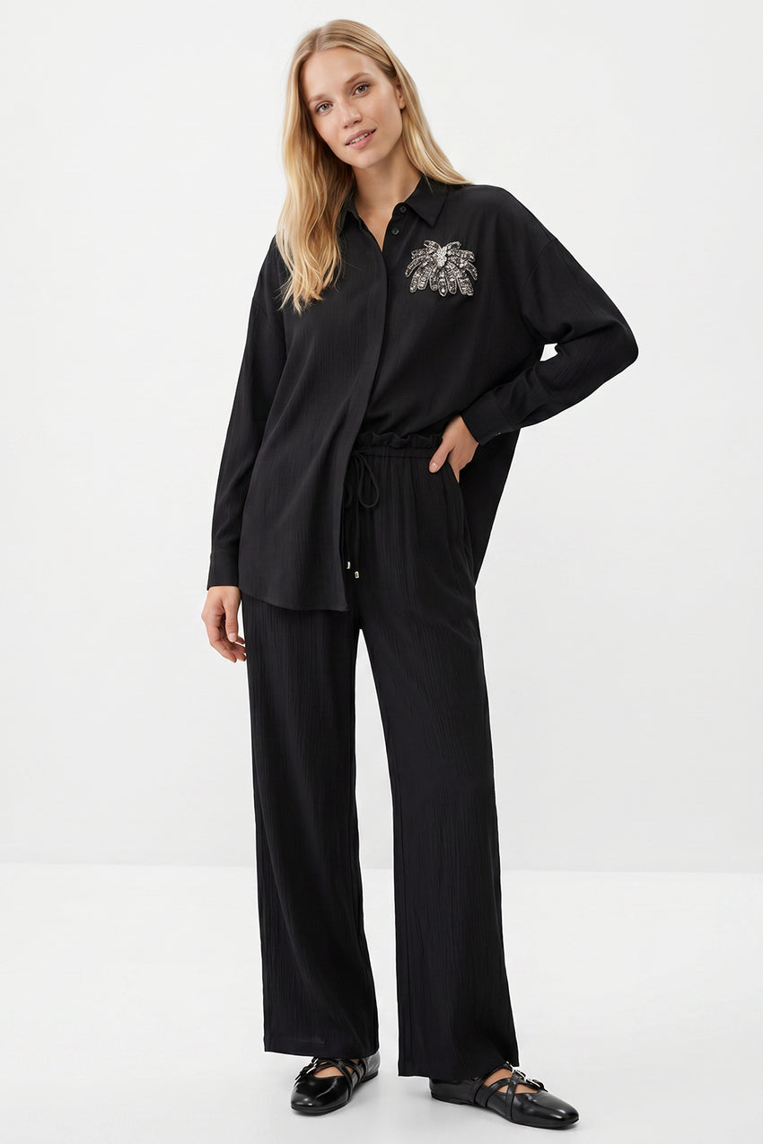 Wide Leg Woven Pants - BLACK