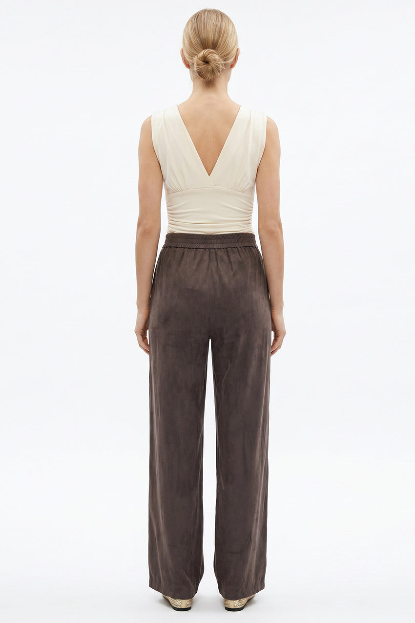 Wide-Leg Trousers with Zipper, Pockets and Elastic Back - KHAKI