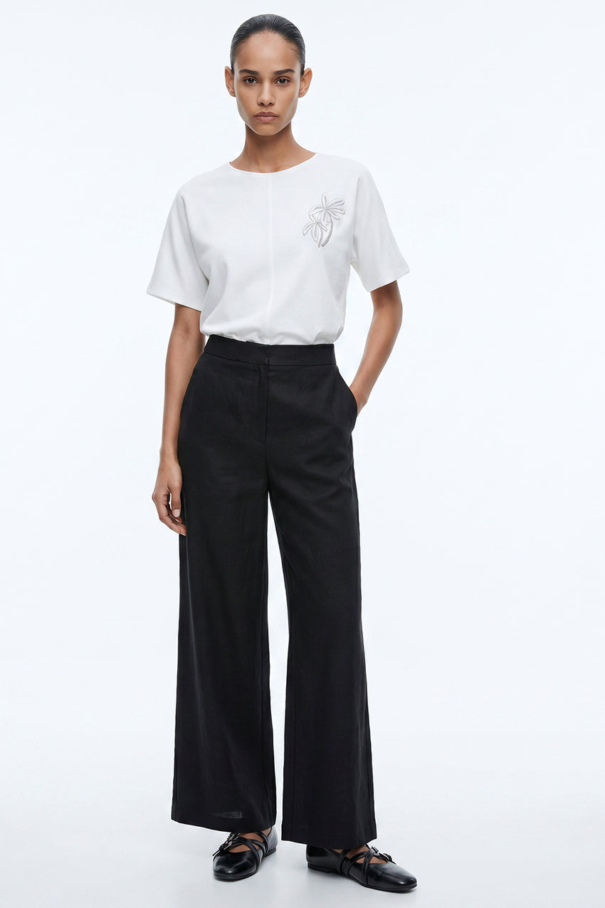 High Waist Pocketed Zippered Linen Pants - BLACK