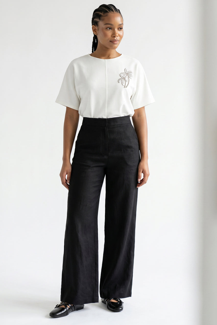 High Waist Pocketed Zippered Linen Pants - BLACK