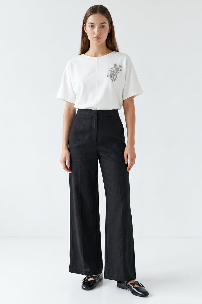 High Waist Pocketed Zippered Linen Pants - BLACK