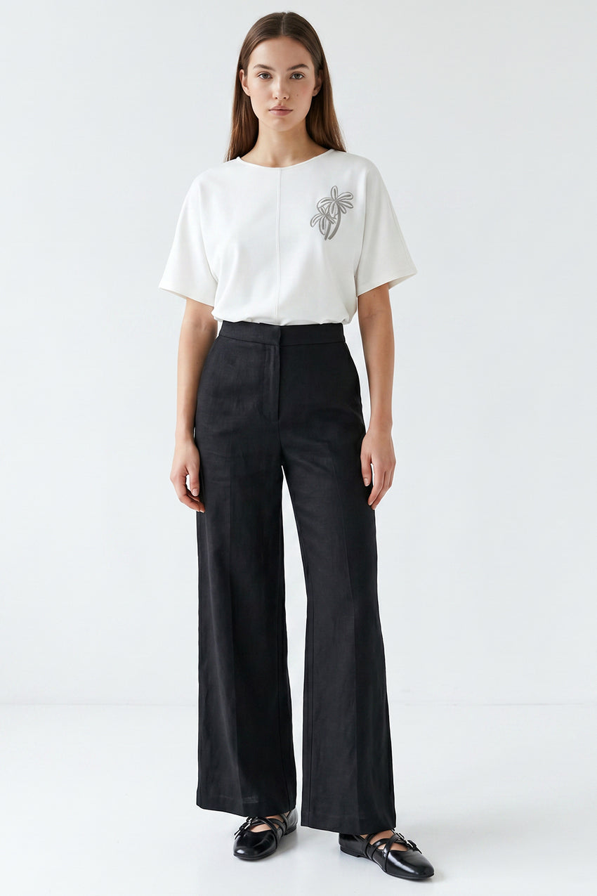 High Waist Pocketed Zippered Linen Pants - BLACK