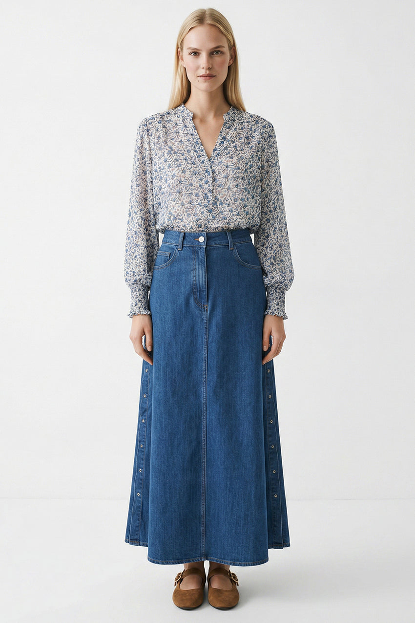 High Waist Snap Fastened A Line Regular Midi Skirt - INDIGO