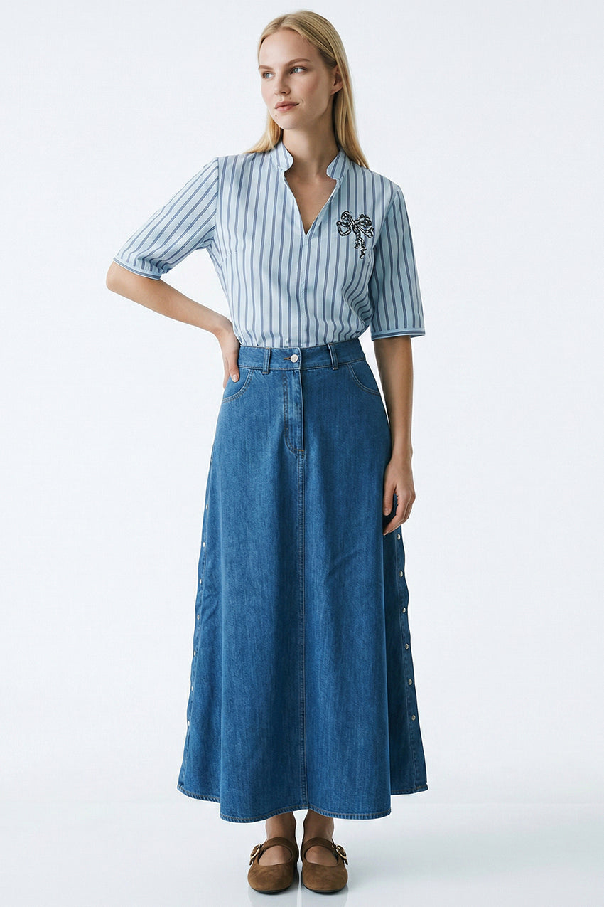 High Waist Snap Fastened A Line Regular Midi Skirt - INDIGO