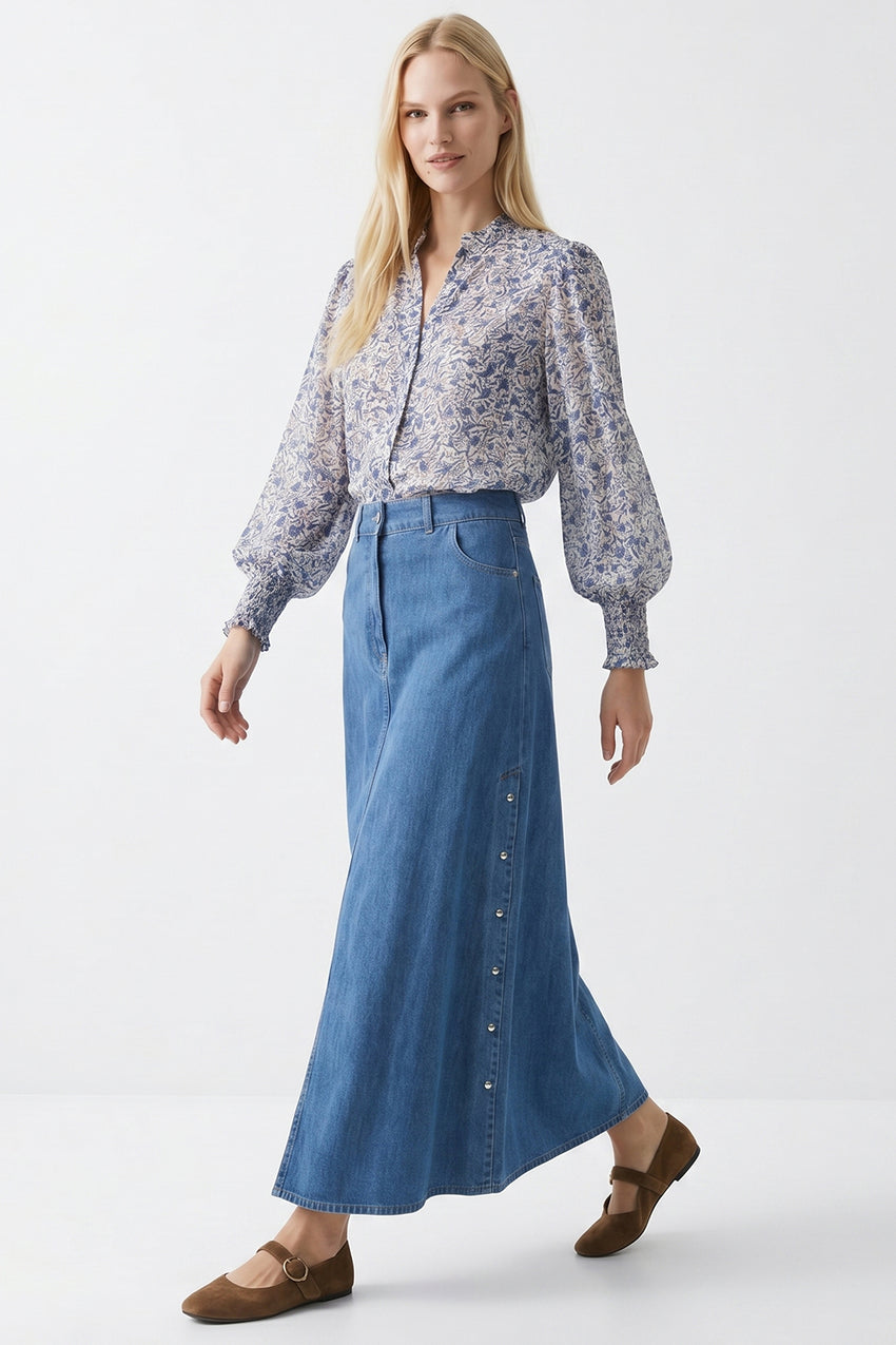 High Waist Snap Fastened A Line Regular Midi Skirt - INDIGO