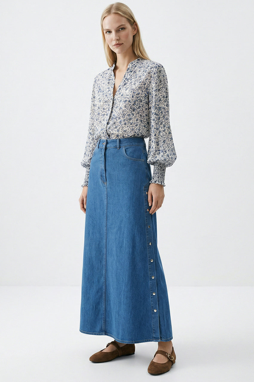 High Waist Snap Fastened A Line Regular Midi Skirt - INDIGO