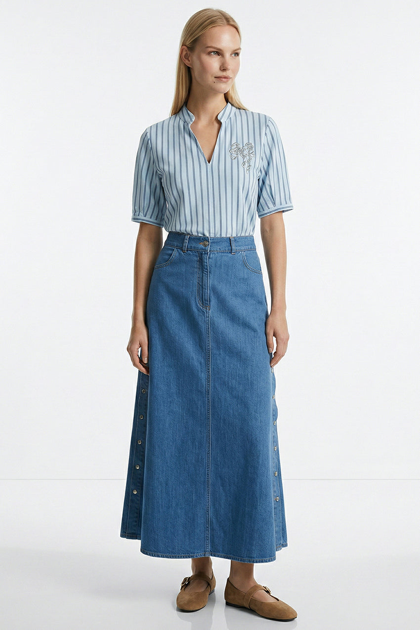 High Waist Snap Fastened A Line Regular Midi Skirt - INDIGO