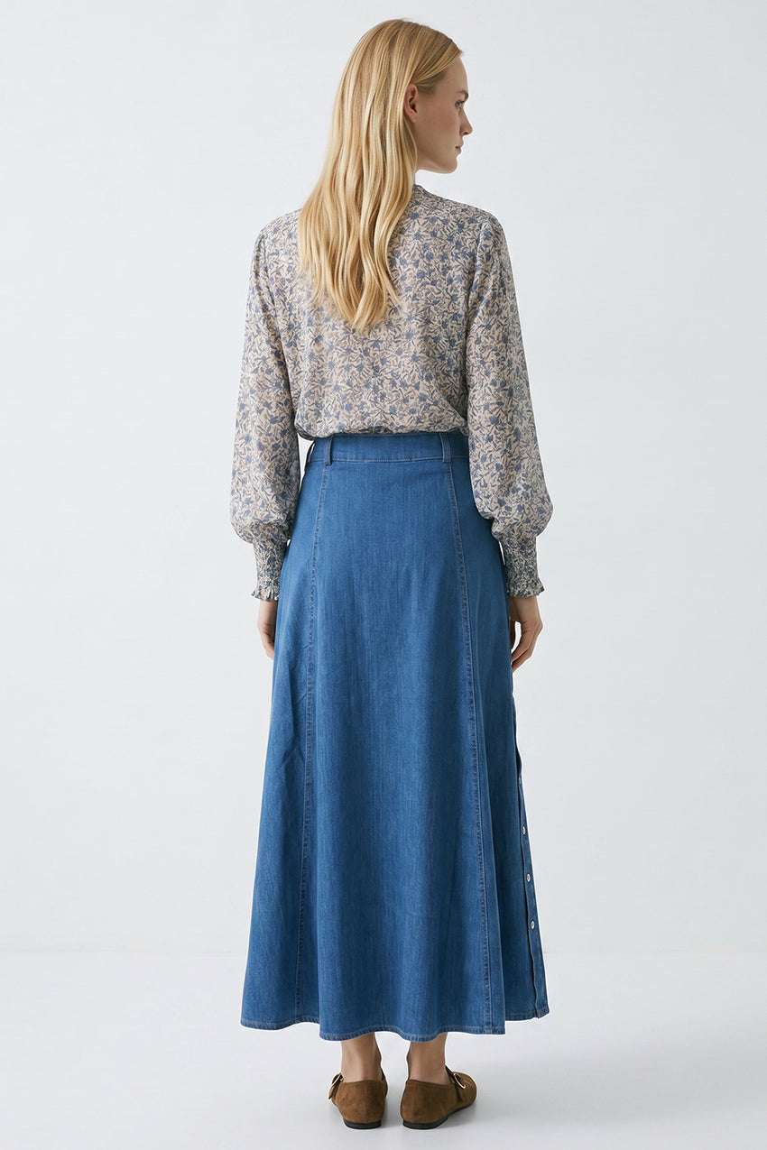 High Waist Snap Fastened A Line Regular Midi Skirt - INDIGO