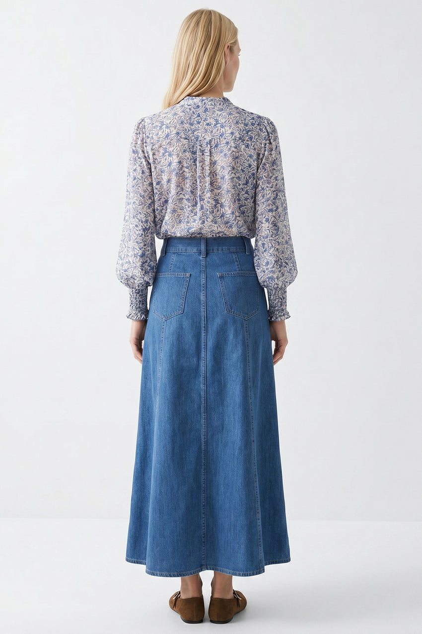 High Waist Snap Fastened A Line Regular Midi Skirt - INDIGO