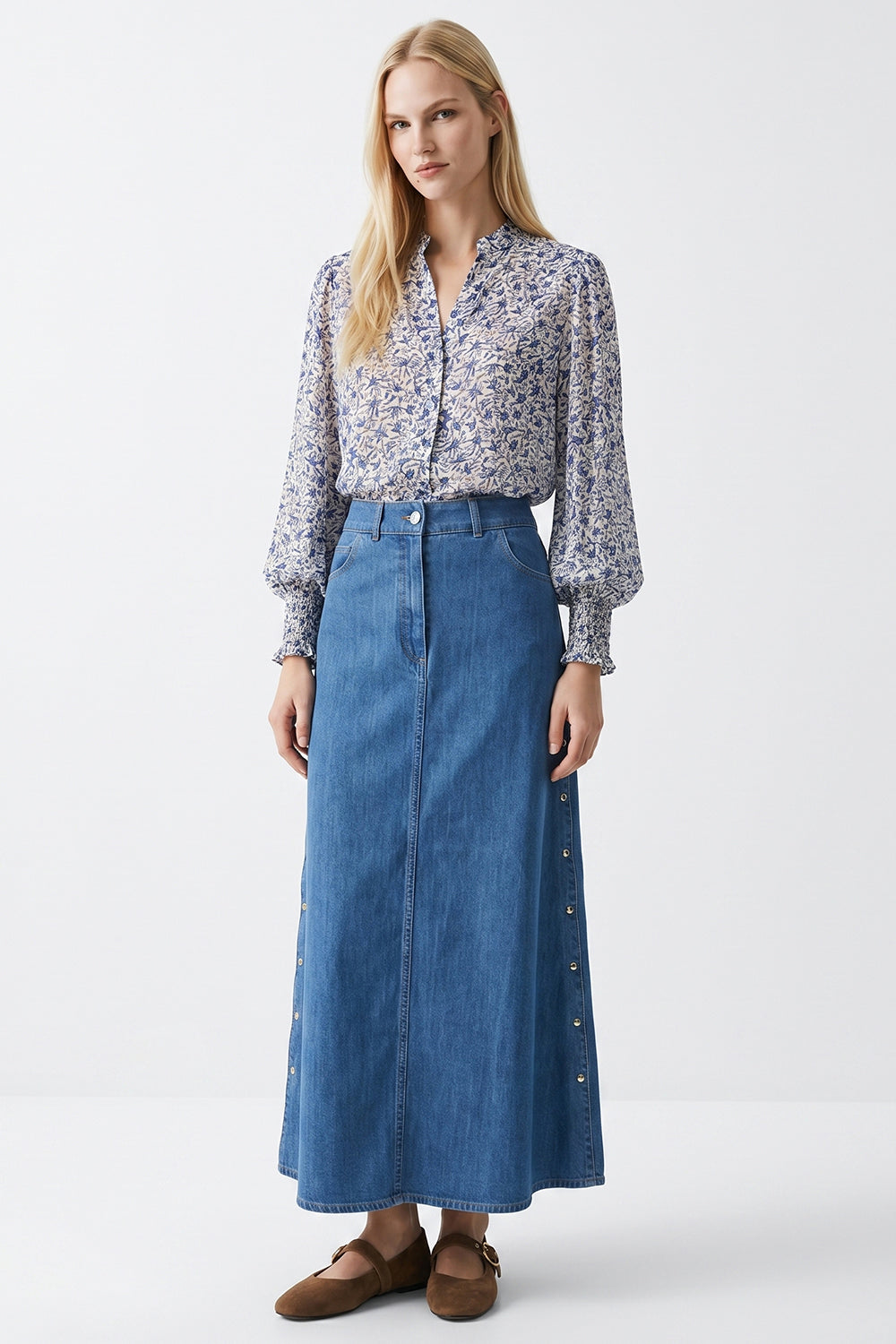 High Waist Snap Fastened A Line Regular Midi Skirt - INDIGO