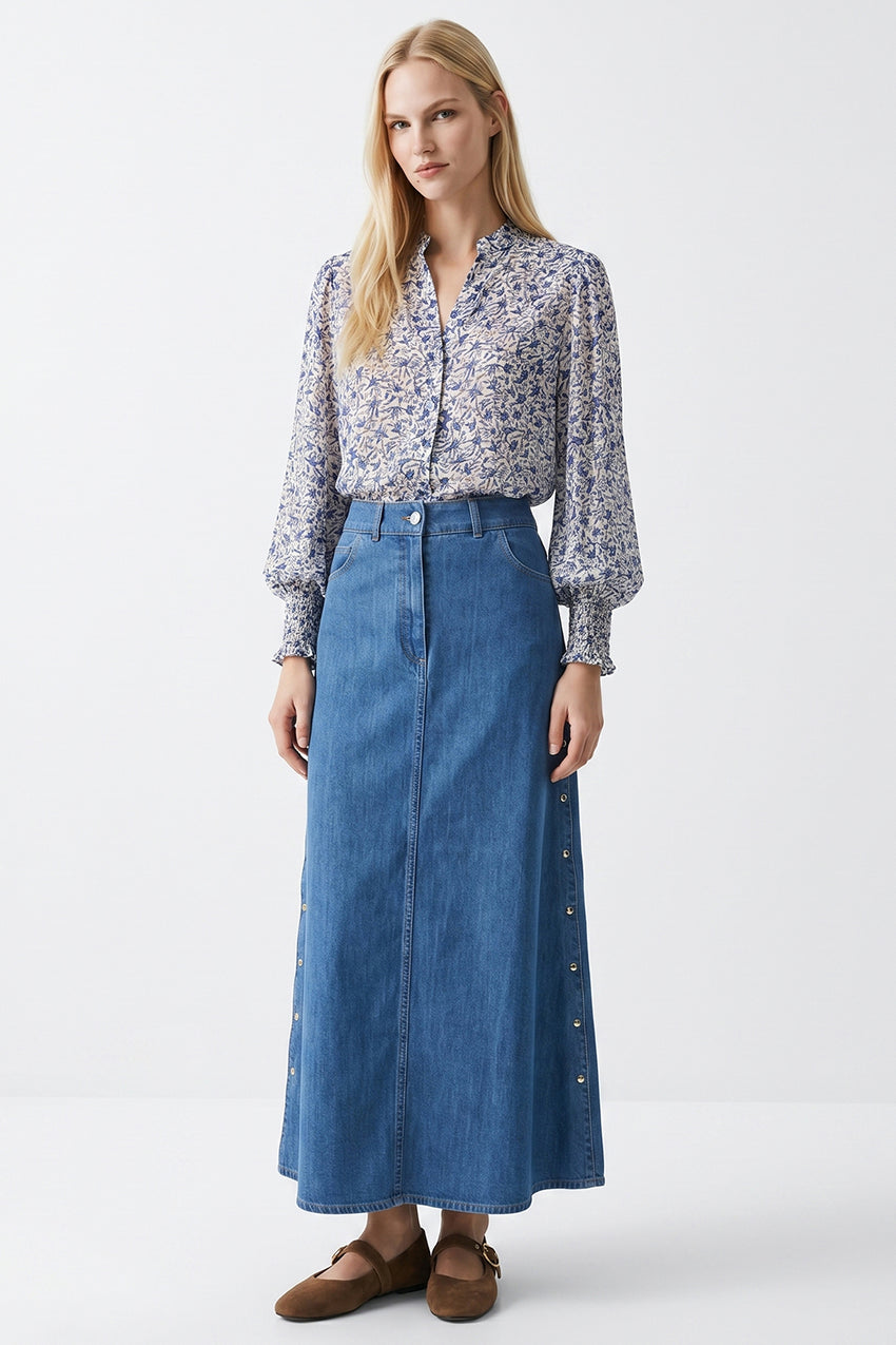 High Waist Snap Fastened A Line Regular Midi Skirt - INDIGO