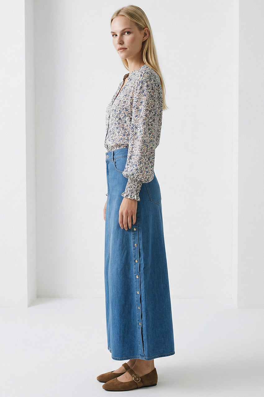 High Waist Snap Fastened A Line Regular Midi Skirt - INDIGO