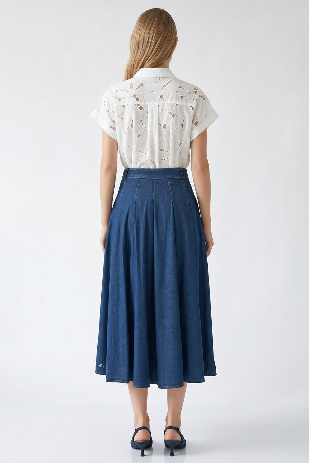 Pleated Midi Skirt with Pockets and Belt - BLUE
