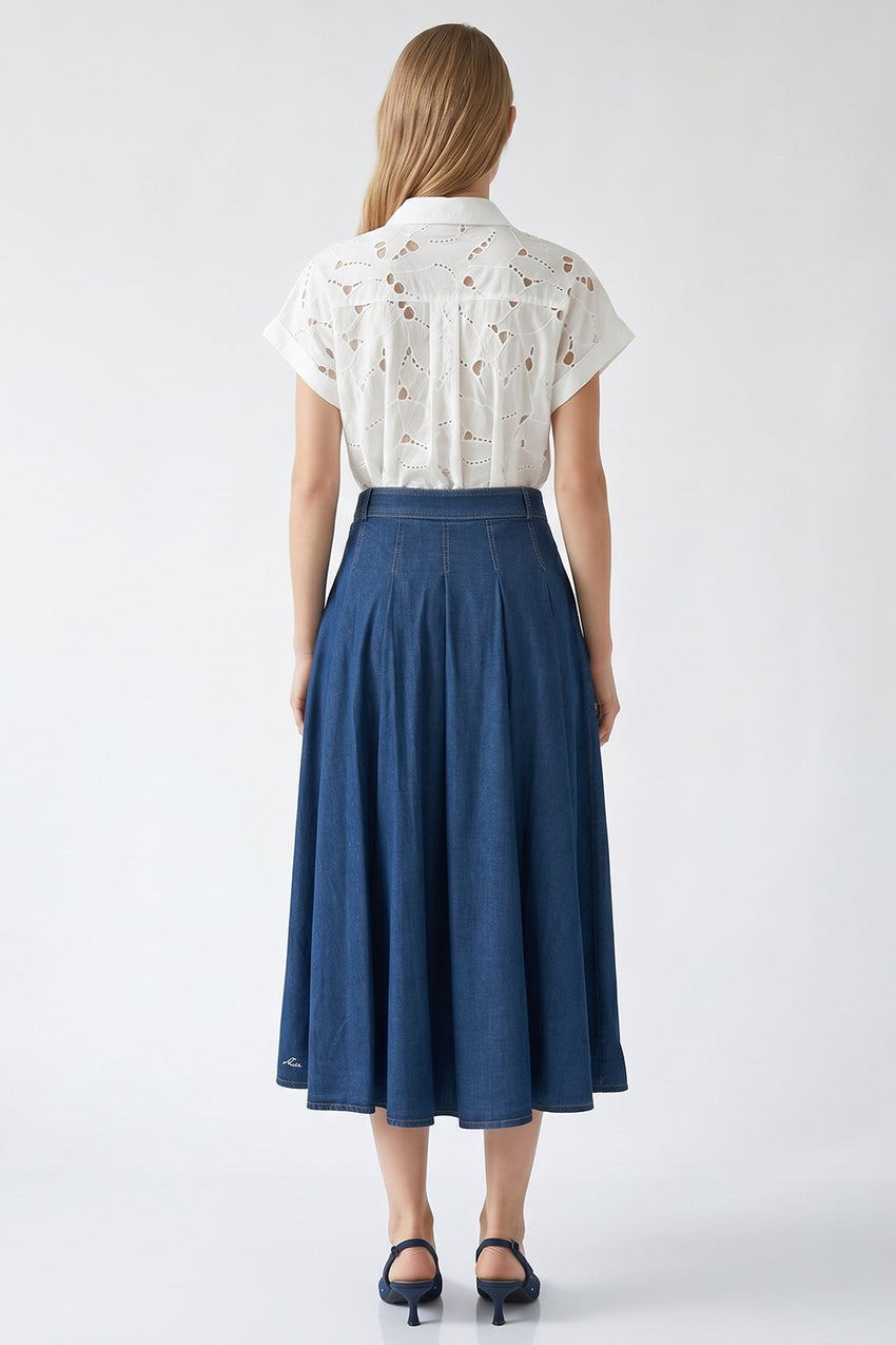 Pleated Midi Skirt with Pockets and Belt - BLUE