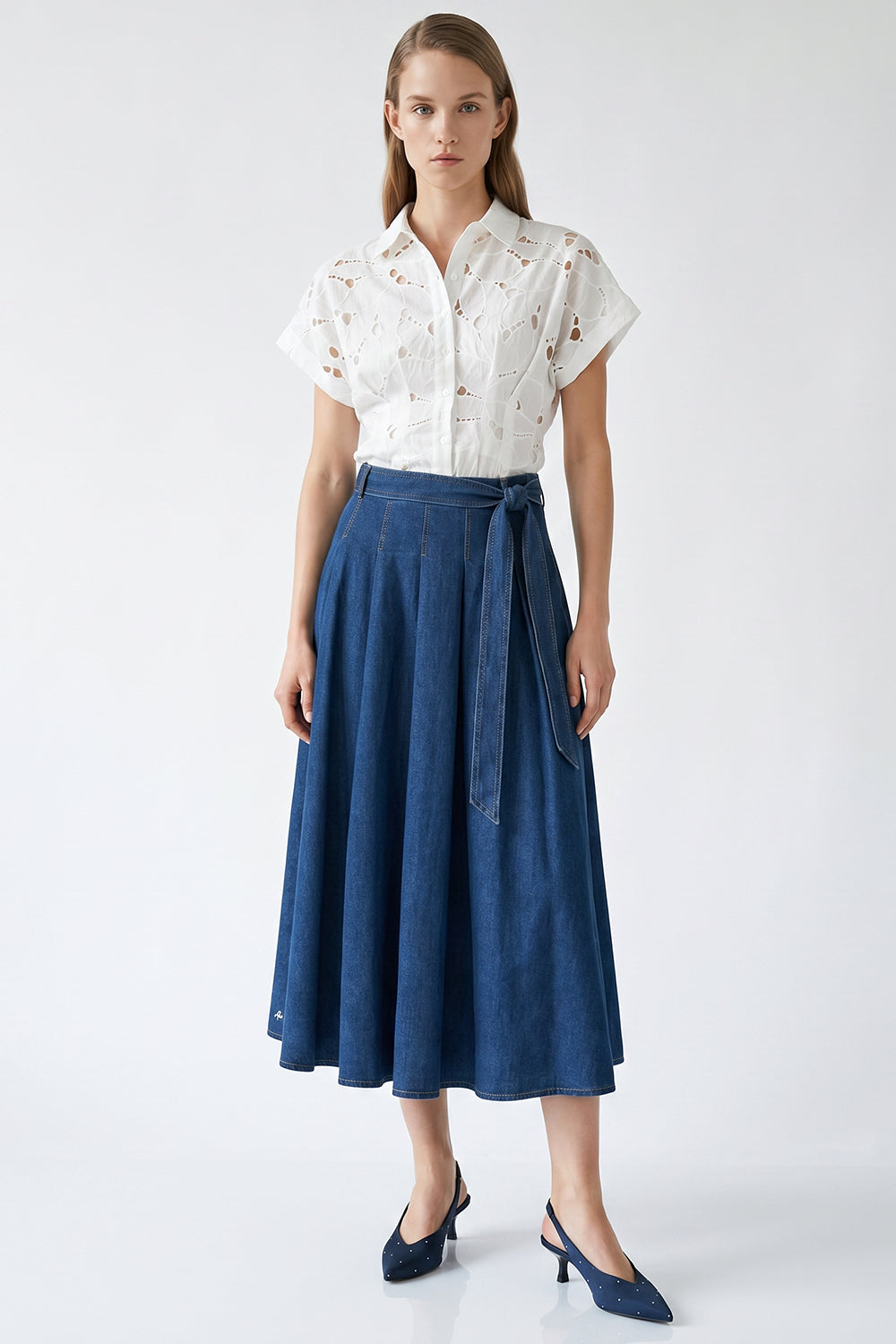 Pleated Midi Skirt with Pockets and Belt - BLUE