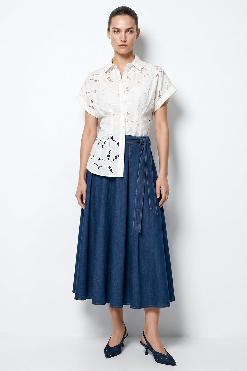 Pleated Midi Skirt with Pockets and Belt - BLUE