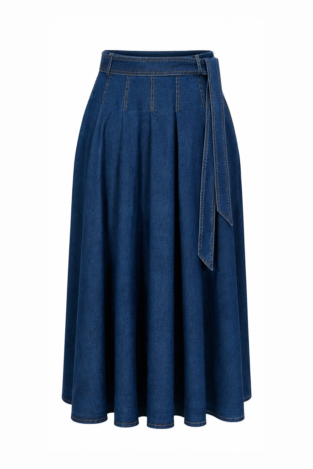 Pleated Midi Skirt with Pockets and Belt - BLUE