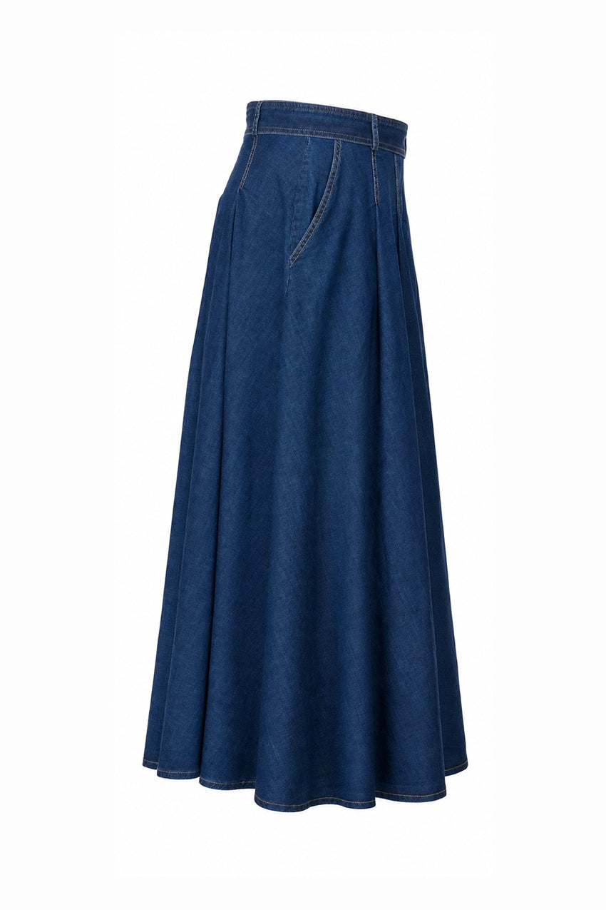 Pleated Midi Skirt with Pockets and Belt - BLUE