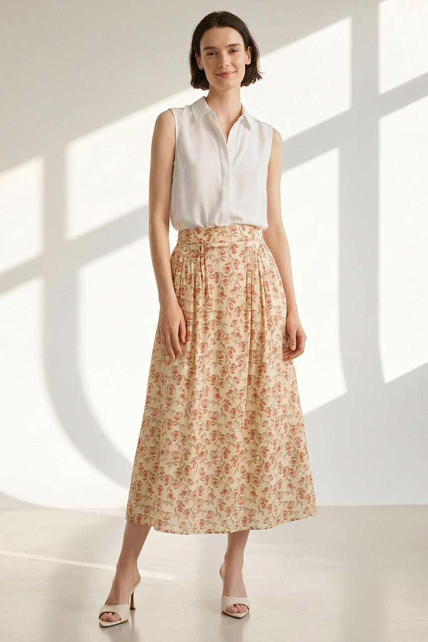 High Waist Elasticated Back Pocket Midi Skirt - MULTI COLOR