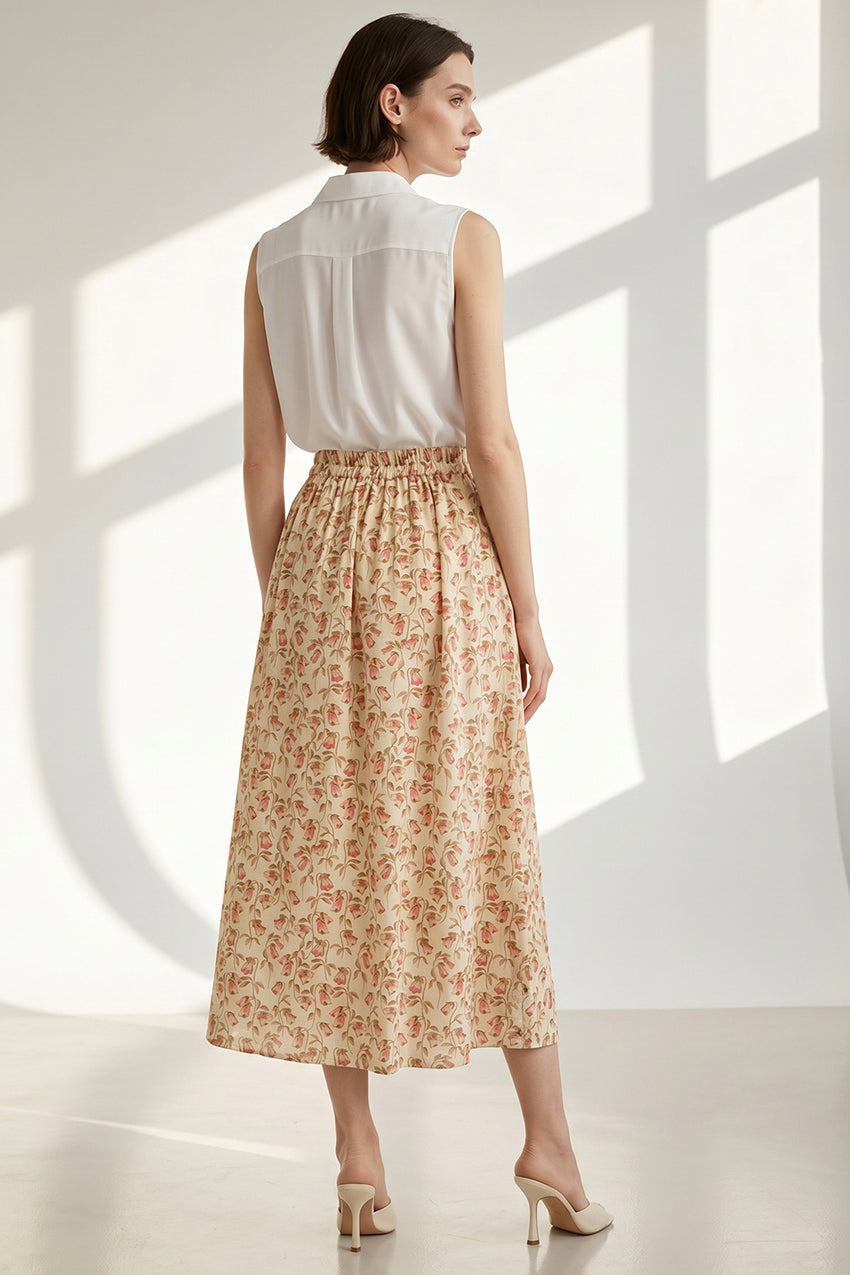 High Waist Elasticated Back Pocket Midi Skirt - MULTI COLOR