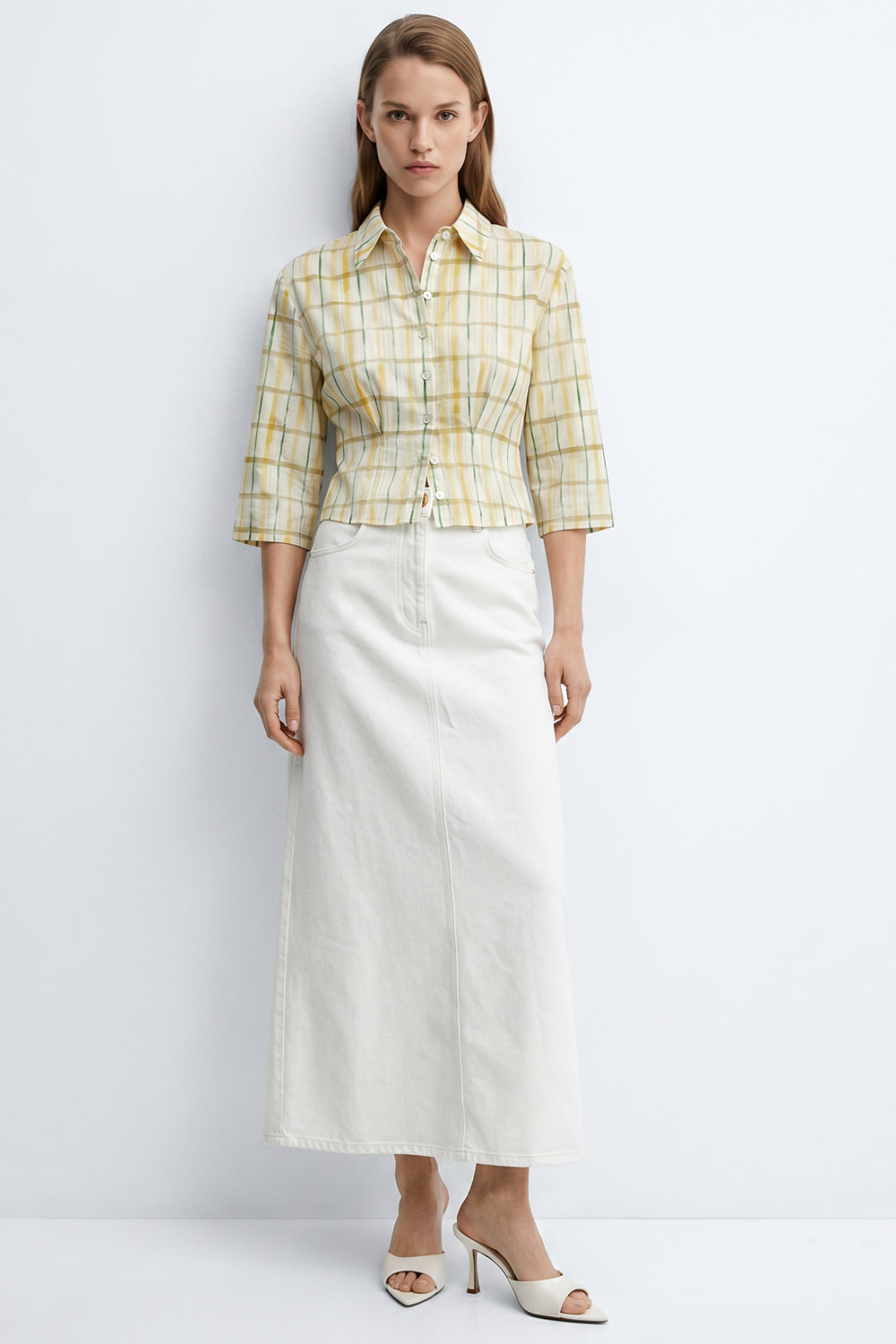 High Waist Buttoned Denim Midi Skirt with Pockets - WHITE