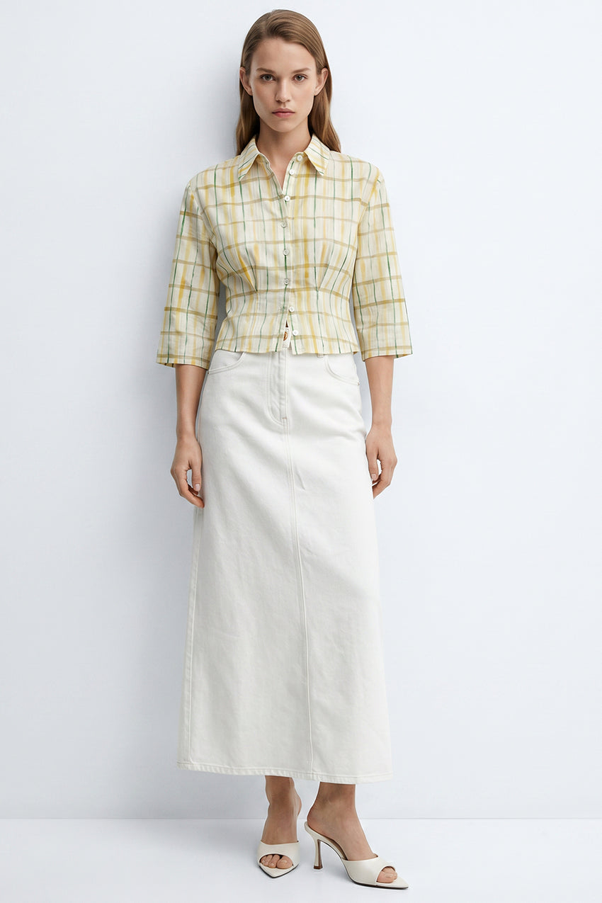 High Waist Buttoned Denim Midi Skirt with Pockets - WHITE