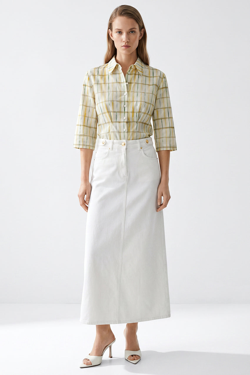 High Waist Buttoned Denim Midi Skirt with Pockets - WHITE