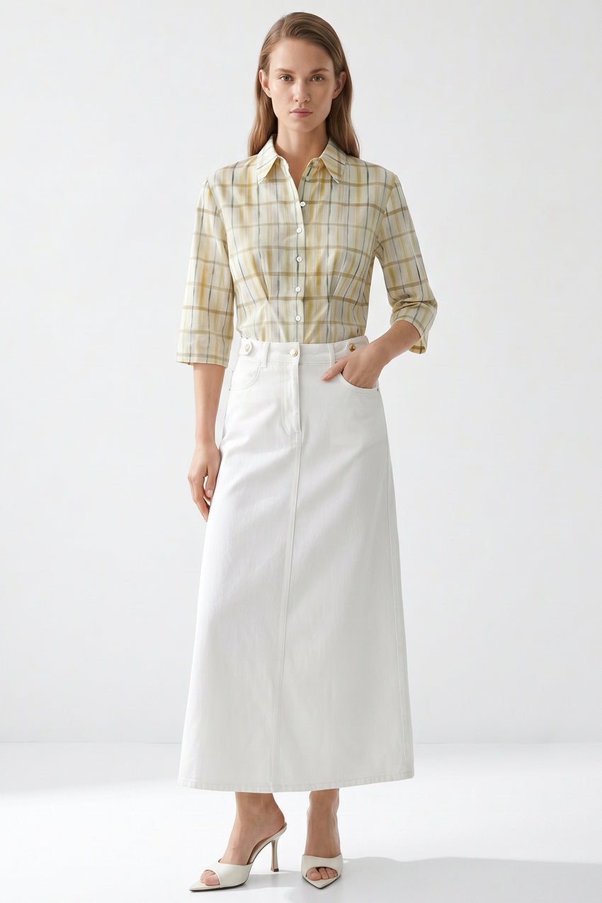 High Waist Buttoned Denim Midi Skirt with Pockets - WHITE