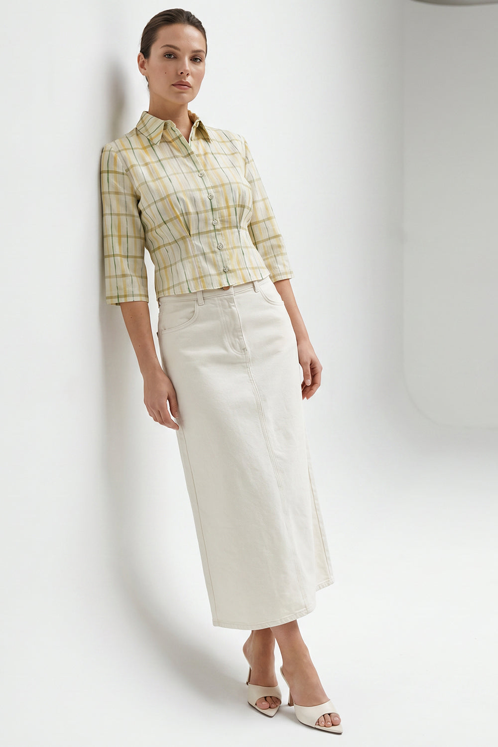 High Waist Buttoned Denim Midi Skirt with Pockets - WHITE