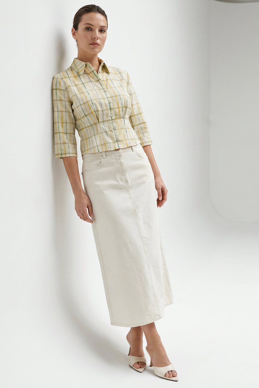 High Waist Buttoned Denim Midi Skirt with Pockets - WHITE
