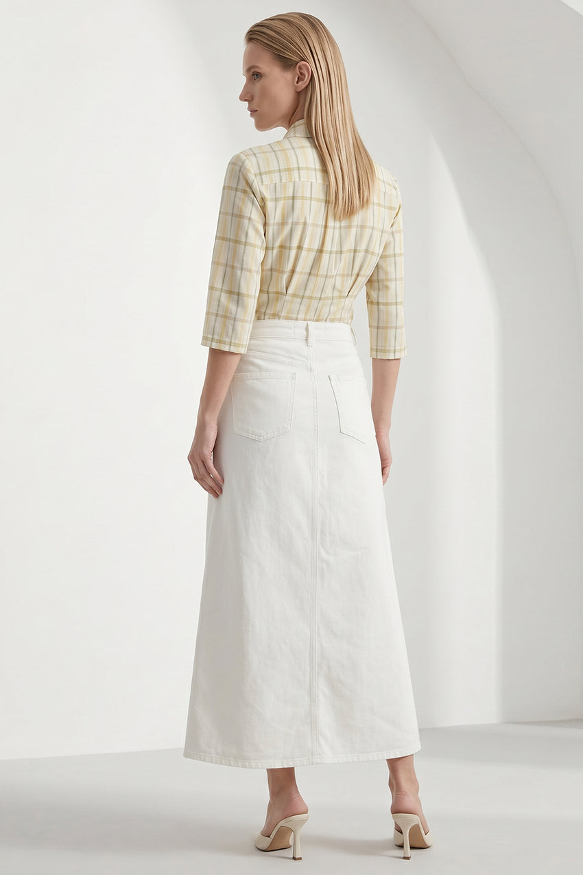 High Waist Buttoned Denim Midi Skirt with Pockets - WHITE