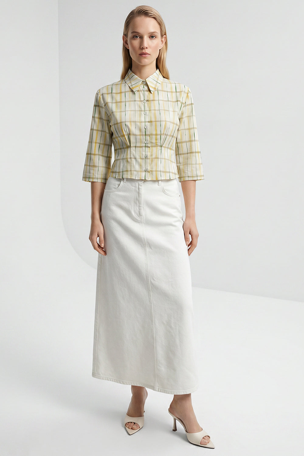 High Waist Buttoned Denim Midi Skirt with Pockets - WHITE