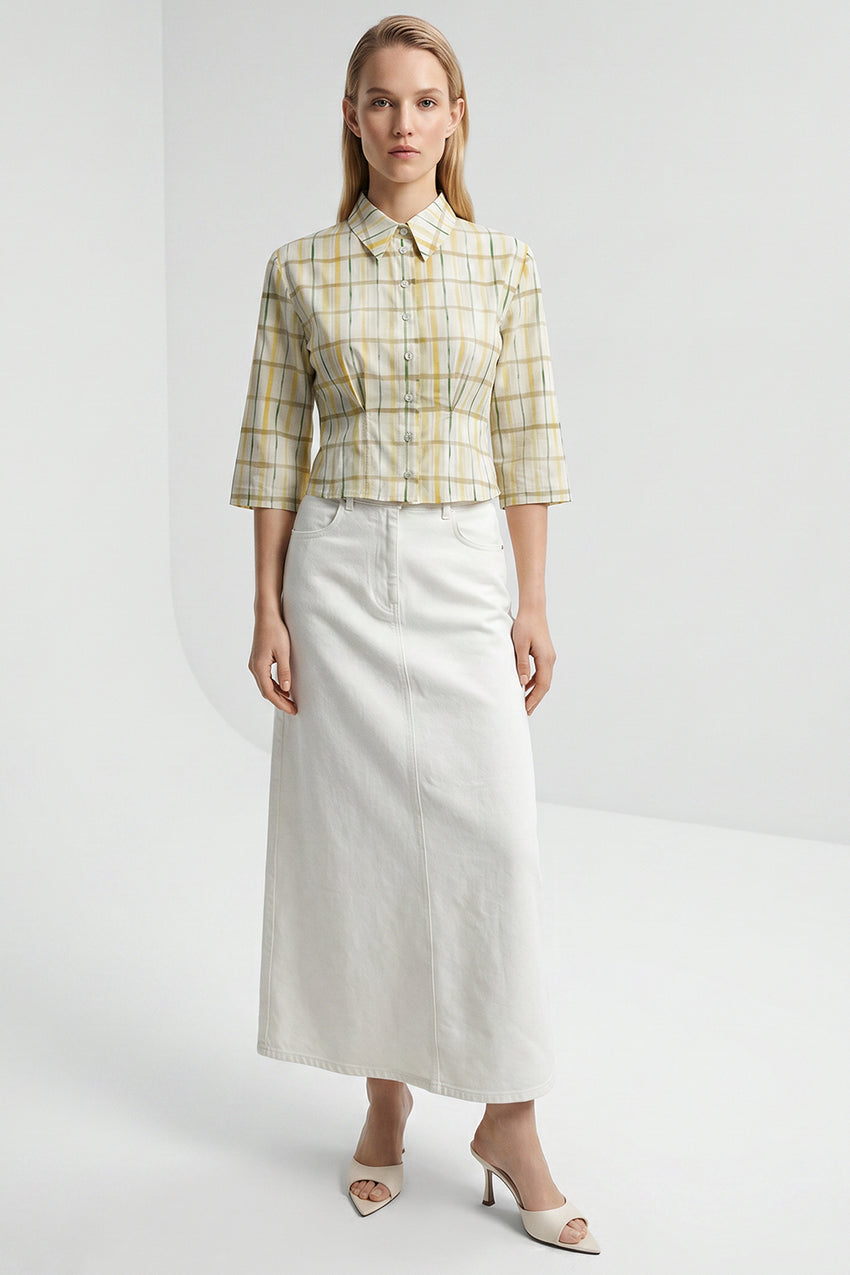 High Waist Buttoned Denim Midi Skirt with Pockets - WHITE