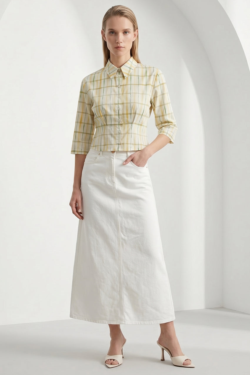 High Waist Buttoned Denim Midi Skirt with Pockets - WHITE