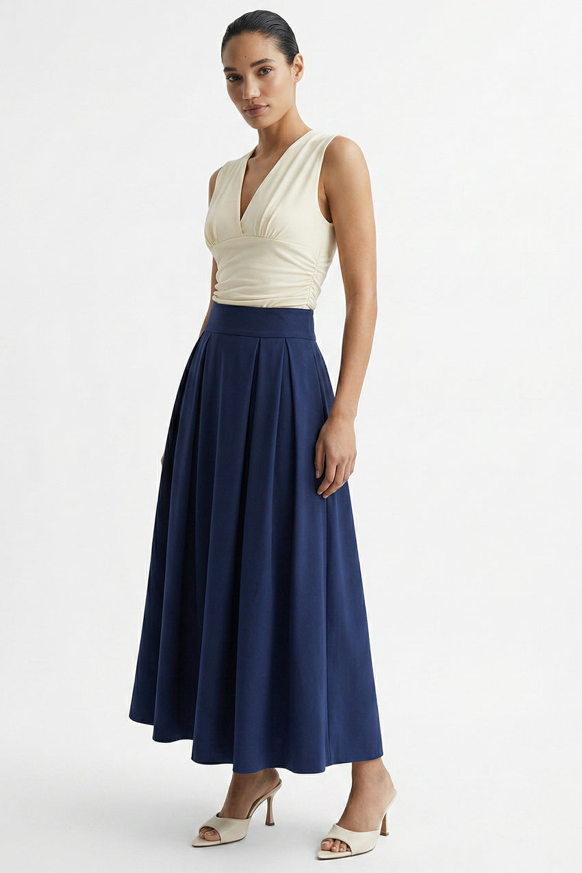 Pleated Elasticated Back Pocketed Midi Skirt - NAVY BLUE