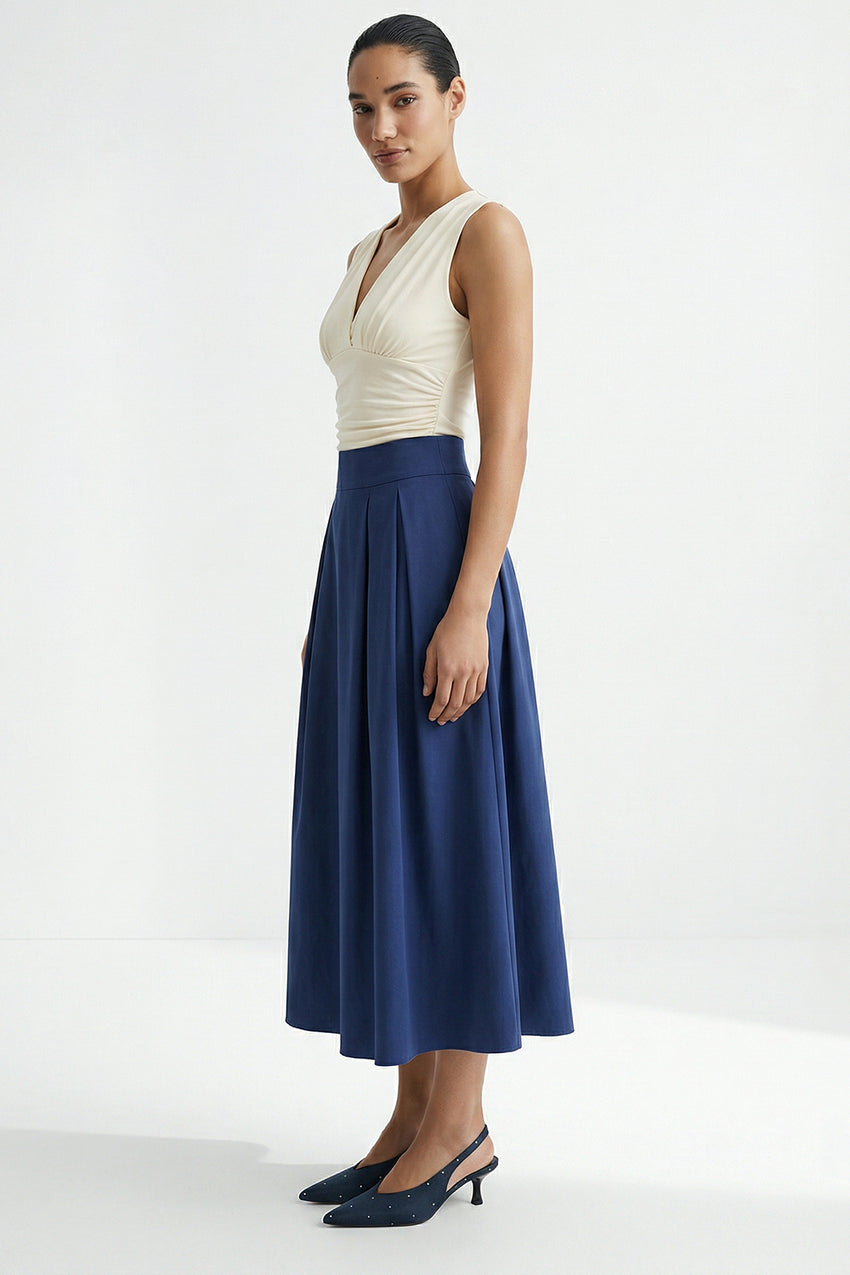 Pleated Elasticated Back Pocketed Midi Skirt - NAVY BLUE