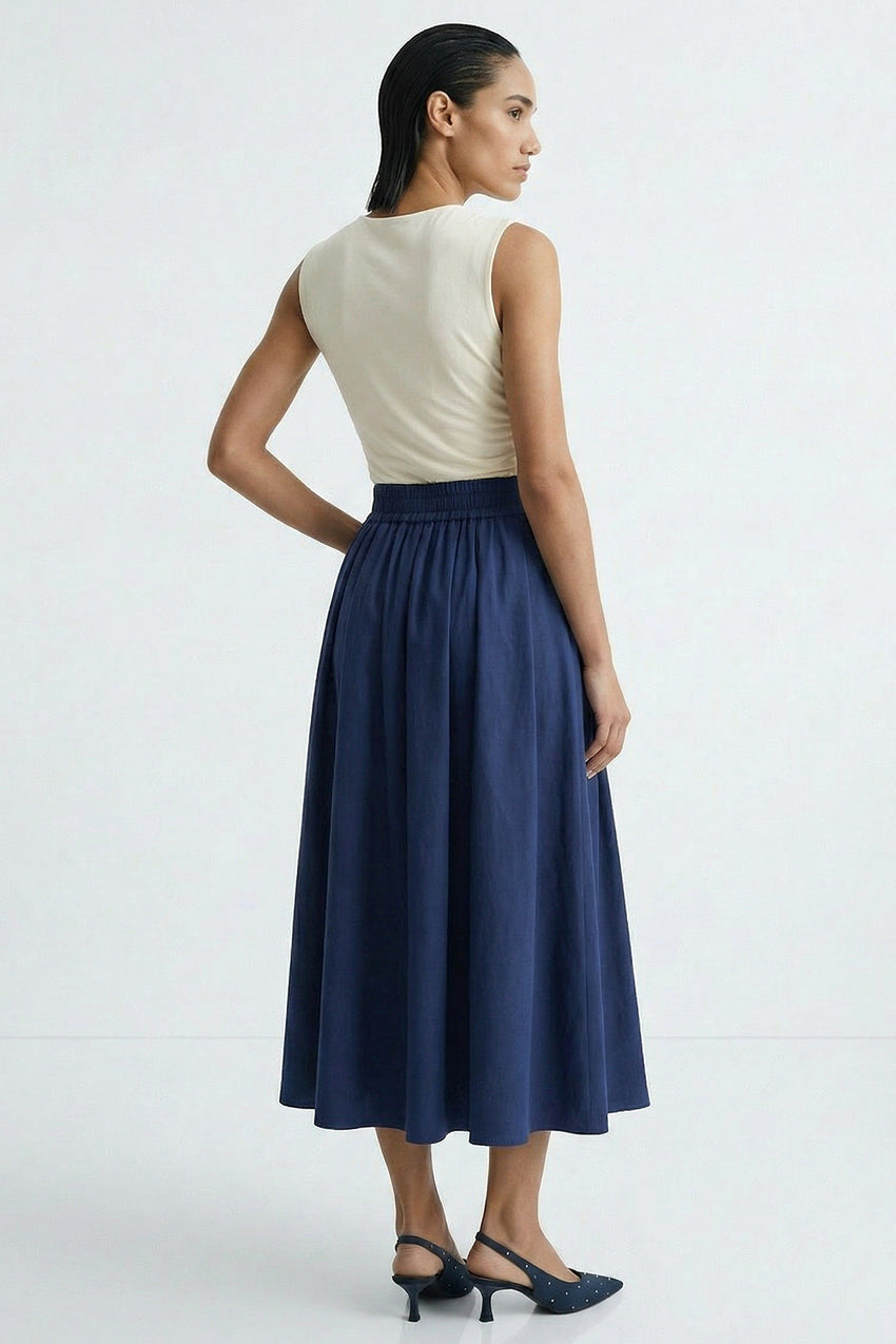 Pleated Elasticated Back Pocketed Midi Skirt - NAVY BLUE