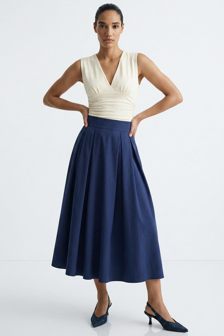 Pleated Elasticated Back Pocketed Midi Skirt - NAVY BLUE