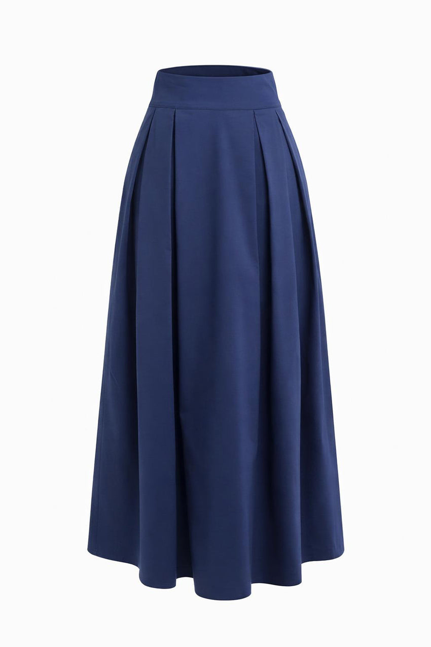 Pleated Elasticated Back Pocketed Midi Skirt - NAVY BLUE