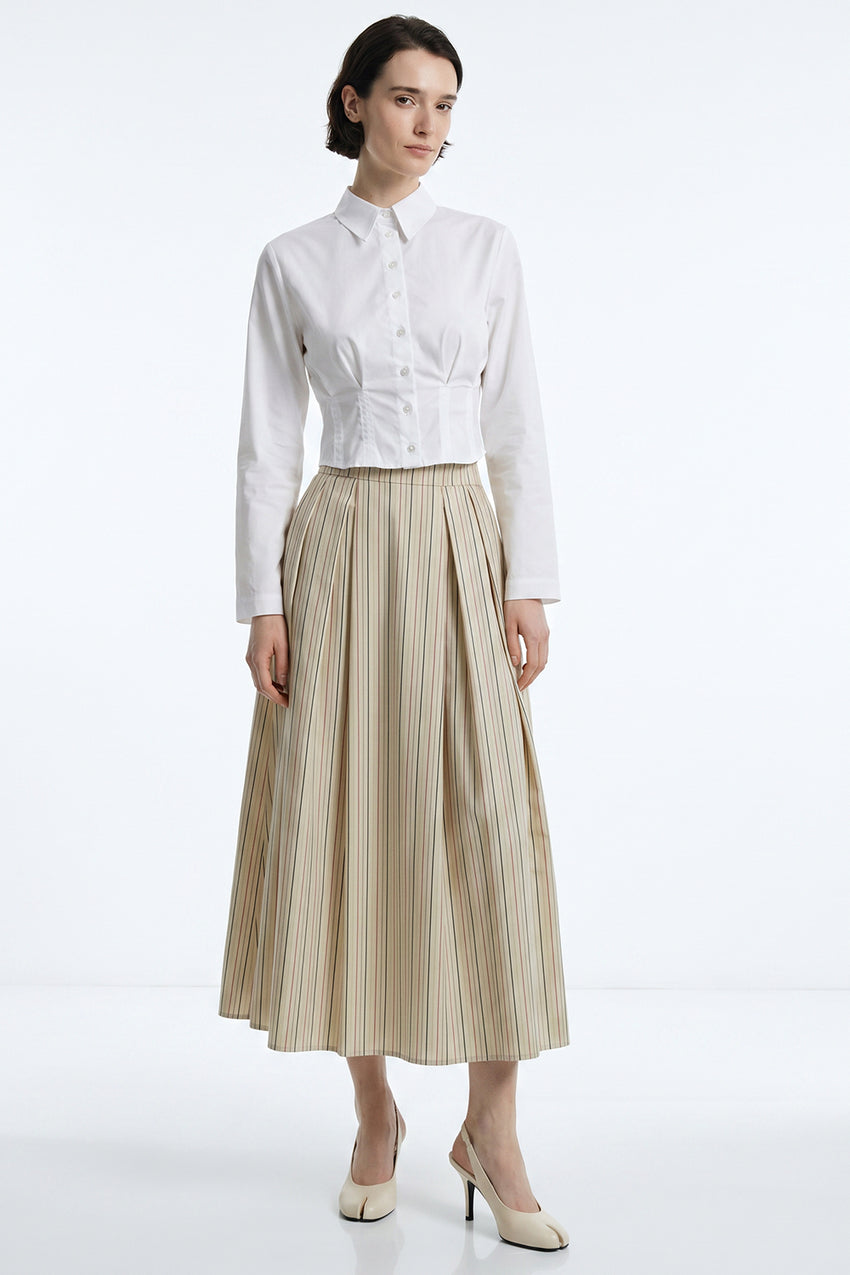 Pleated Elasticated Back Pocket Midi Skirt - BEIGE