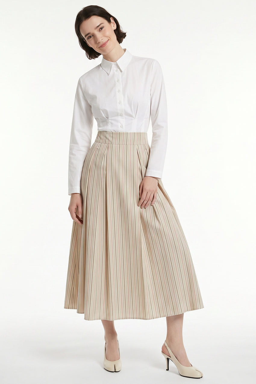 Pleated Elasticated Back Pocket Midi Skirt - BEIGE